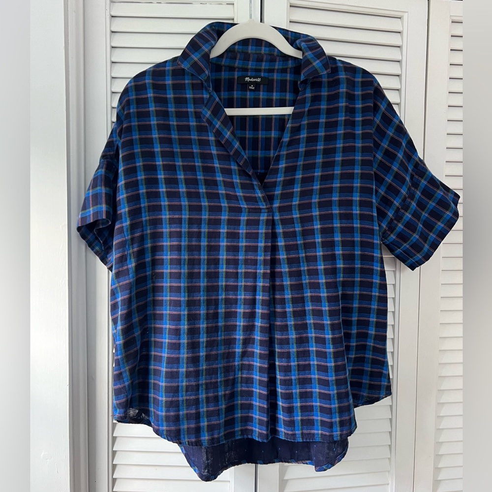 MADEWELL plaid cotton pullover collared short sleeve shirt